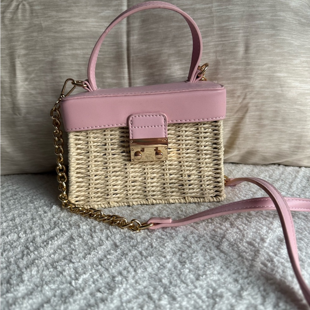 Elegant Pink and Tan Woven Crossbody Bag